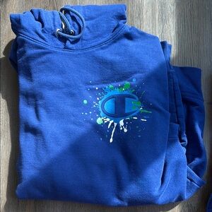 Champion Blue Hoodie with Green and White Logo